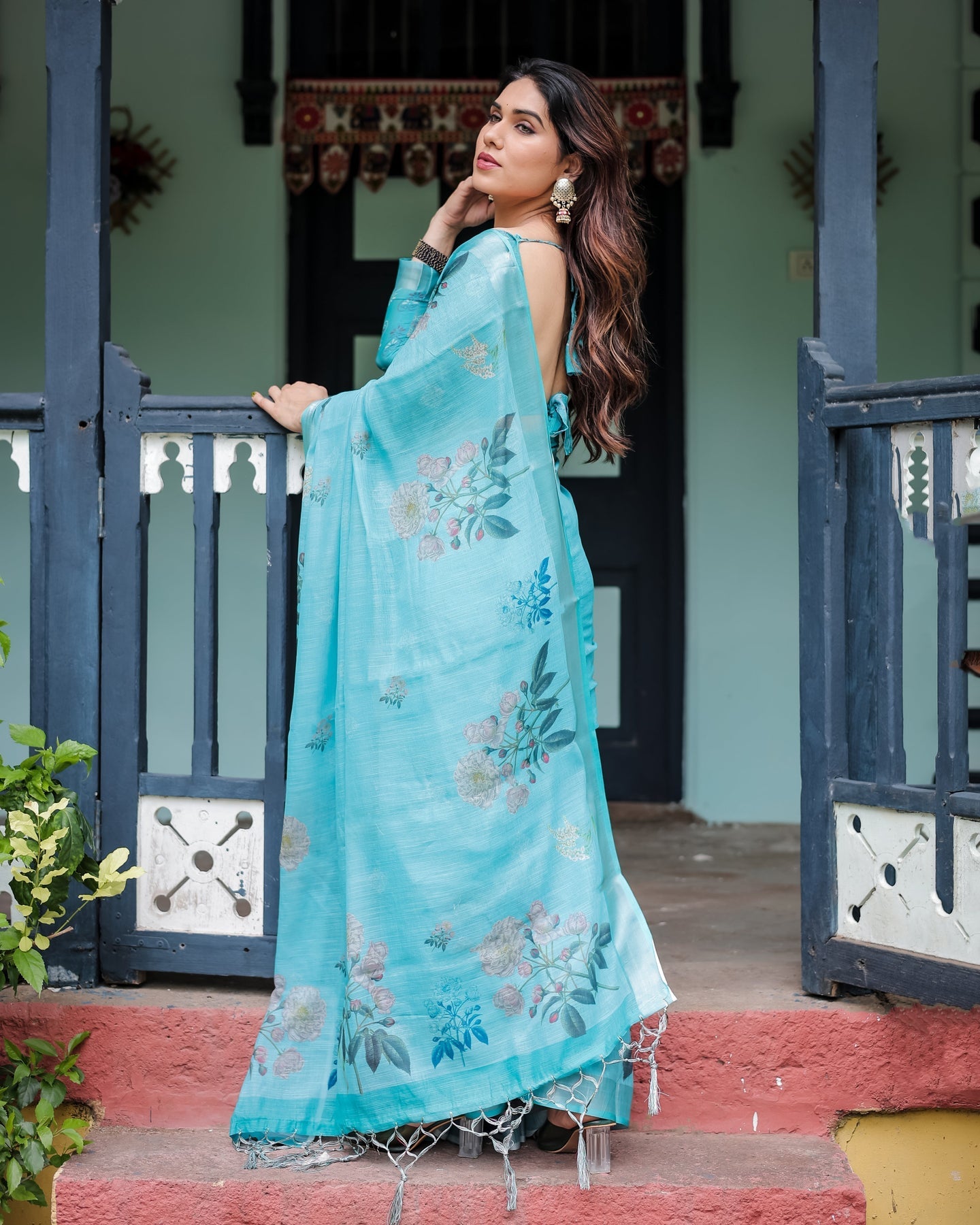 Luxury Aqua Blue Floral Linen Saree | Shaadigruh SD1002