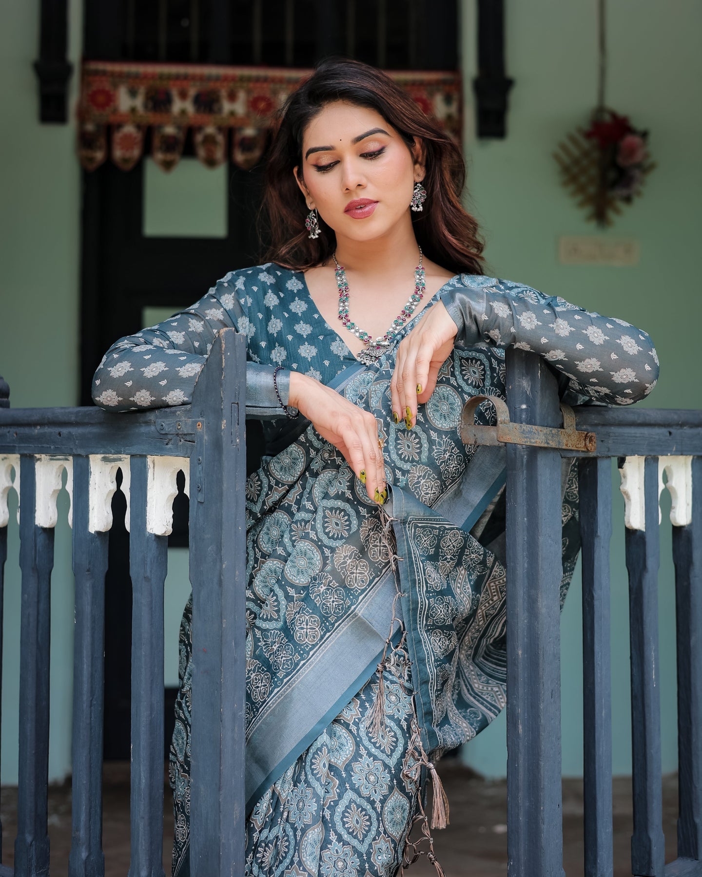Luxury Dusty Teal Ethnic Motif Linen Saree | Shaadigruh SD1021