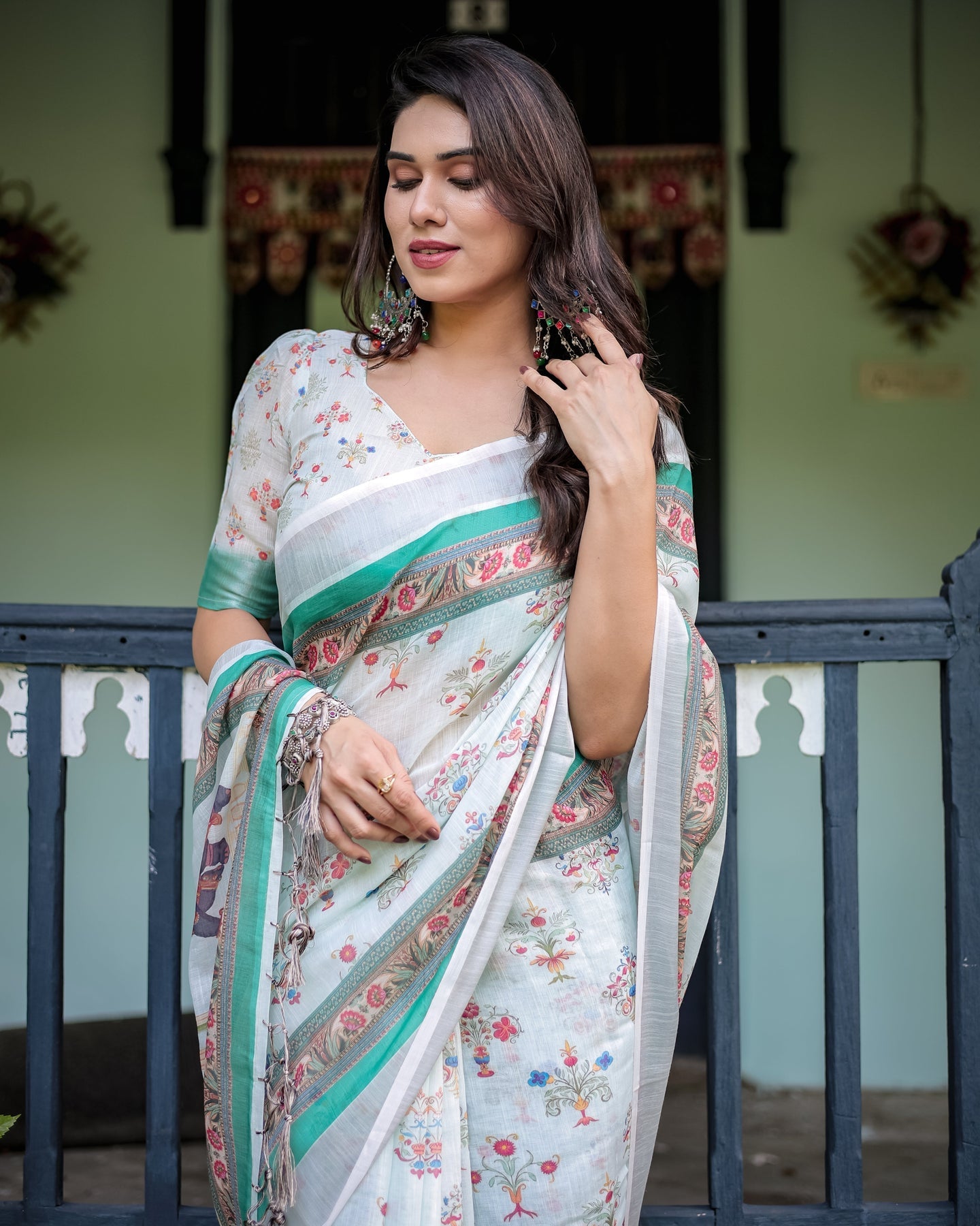 Mint Green Floral Linen Saree | Shaadigruh SD1041