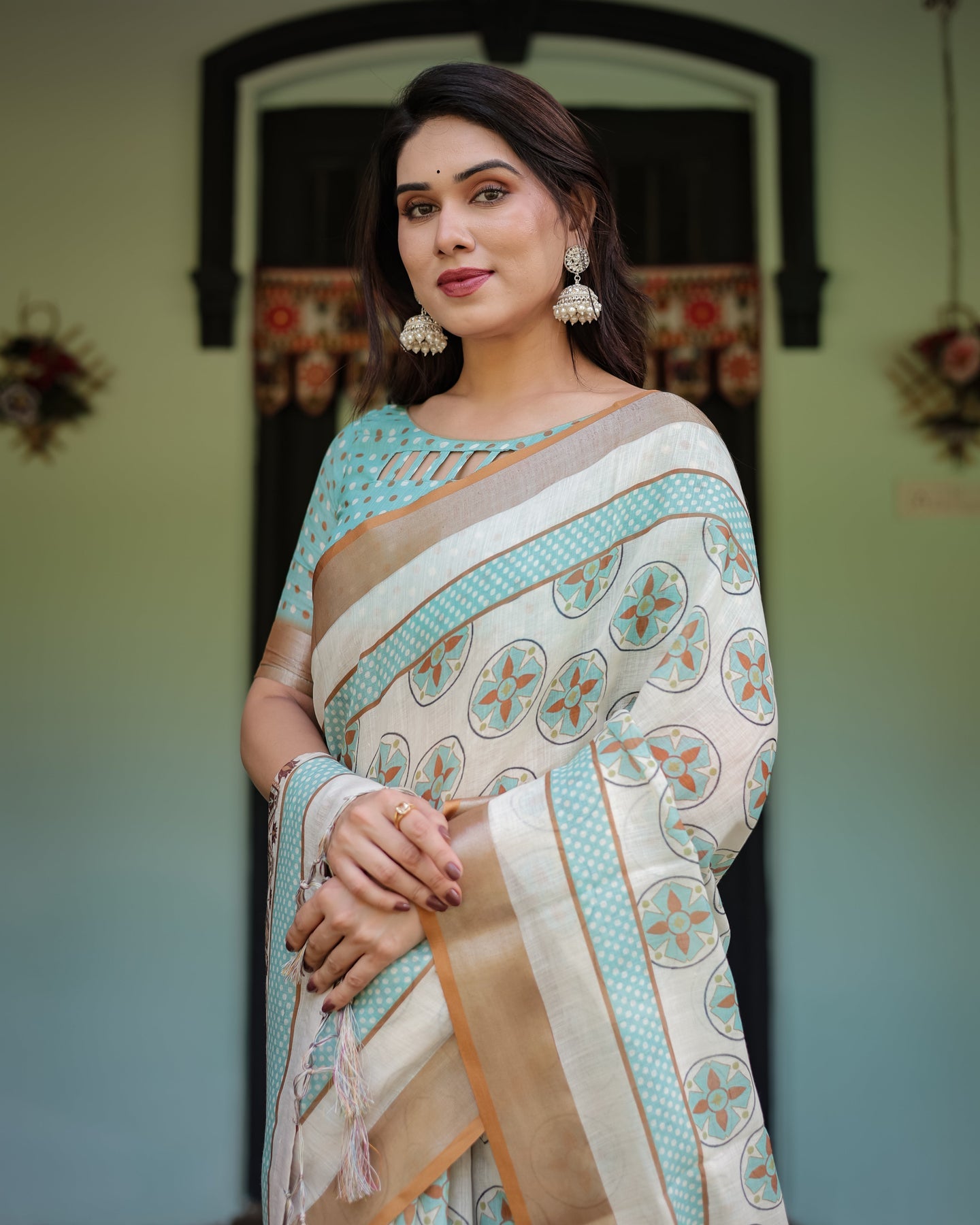 Beige & Aqua Printed Linen Saree | Shaadigruh SD1048