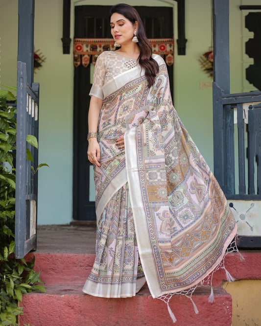 Beige Tribal Print Linen Saree | Shaadigruh SD1049