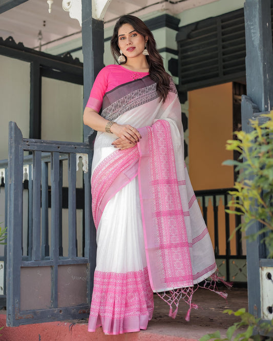 Luxury White & Blush Pink Linen Saree | Shaadigruh SD1032