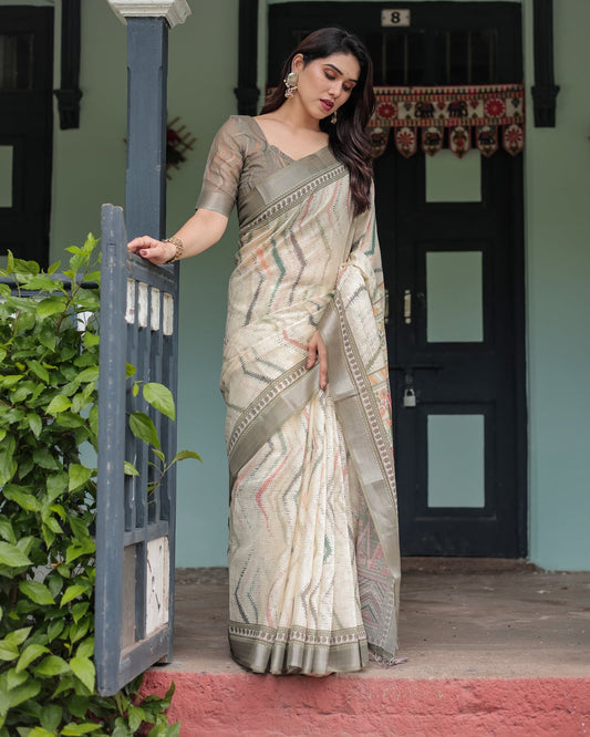 Luxury Ivory Beige Striped Linen Saree | Shaadigruh SD1008