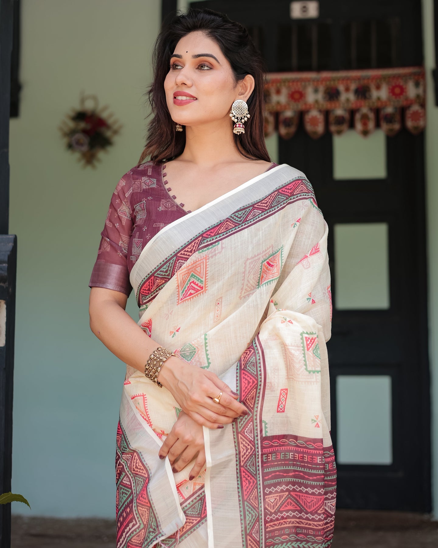 Luxury Ivory Geometric Printed Linen Saree | Shaadigruh SD1020