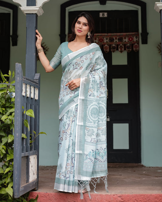 Sage Green Floral Linen Saree | Shaadigruh SD1037