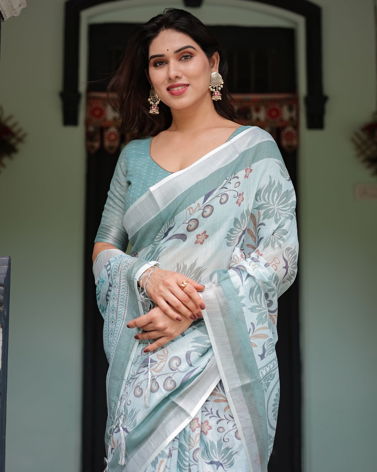Sage Green Floral Linen Saree | Shaadigruh SD1037