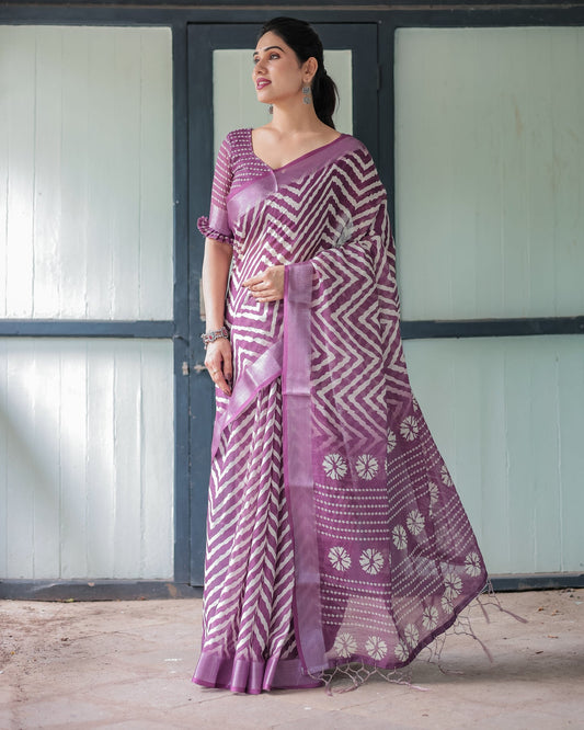 Luxury Plum Geometric Printed Linen Saree | Shaadigruh SD1010