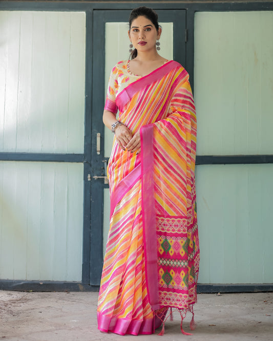Luxury Multicolor Striped Linen Saree | Shaadigruh SD1027