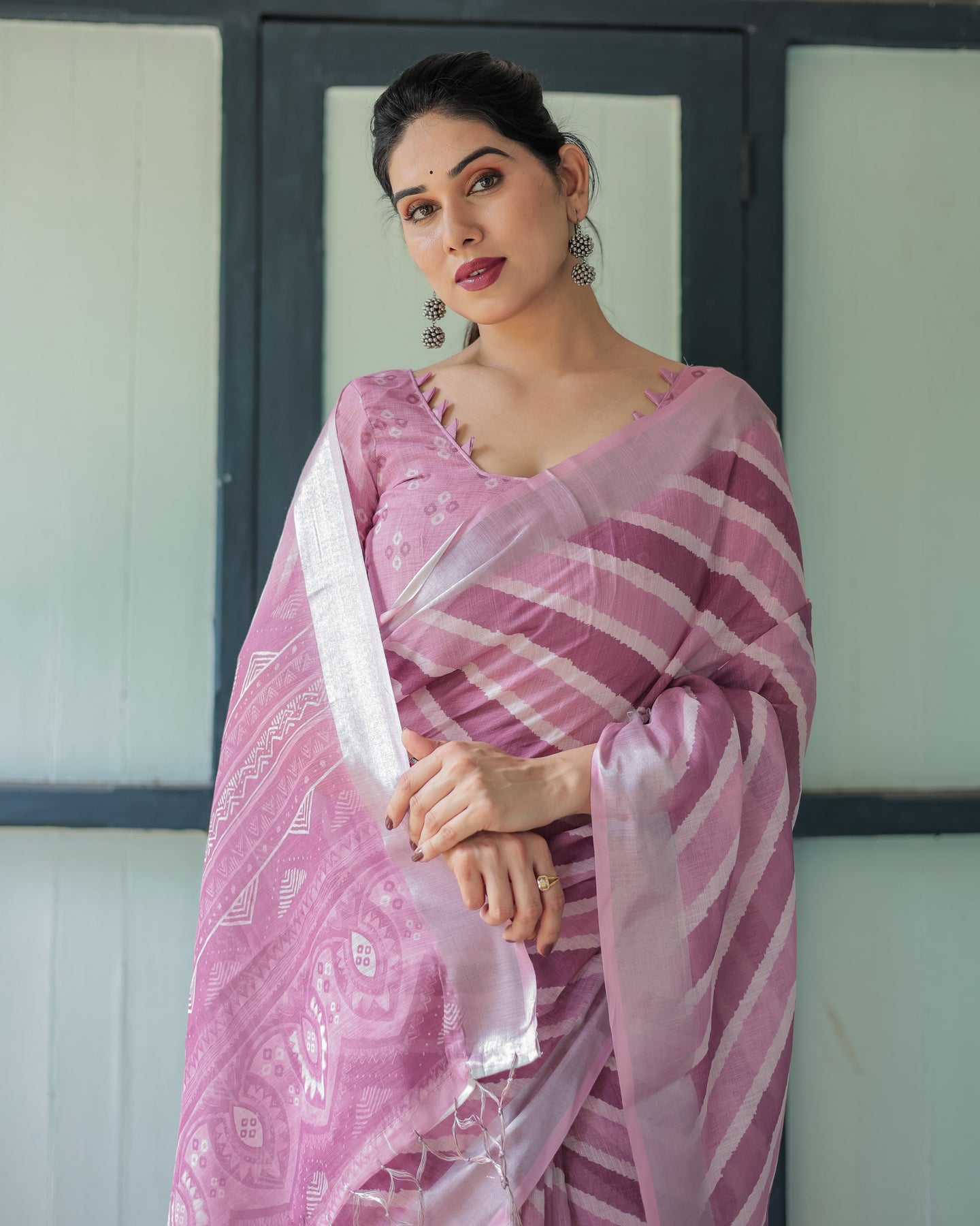 Luxury Soft Blush Pink Striped Linen Saree | Shaadigruh SD1012