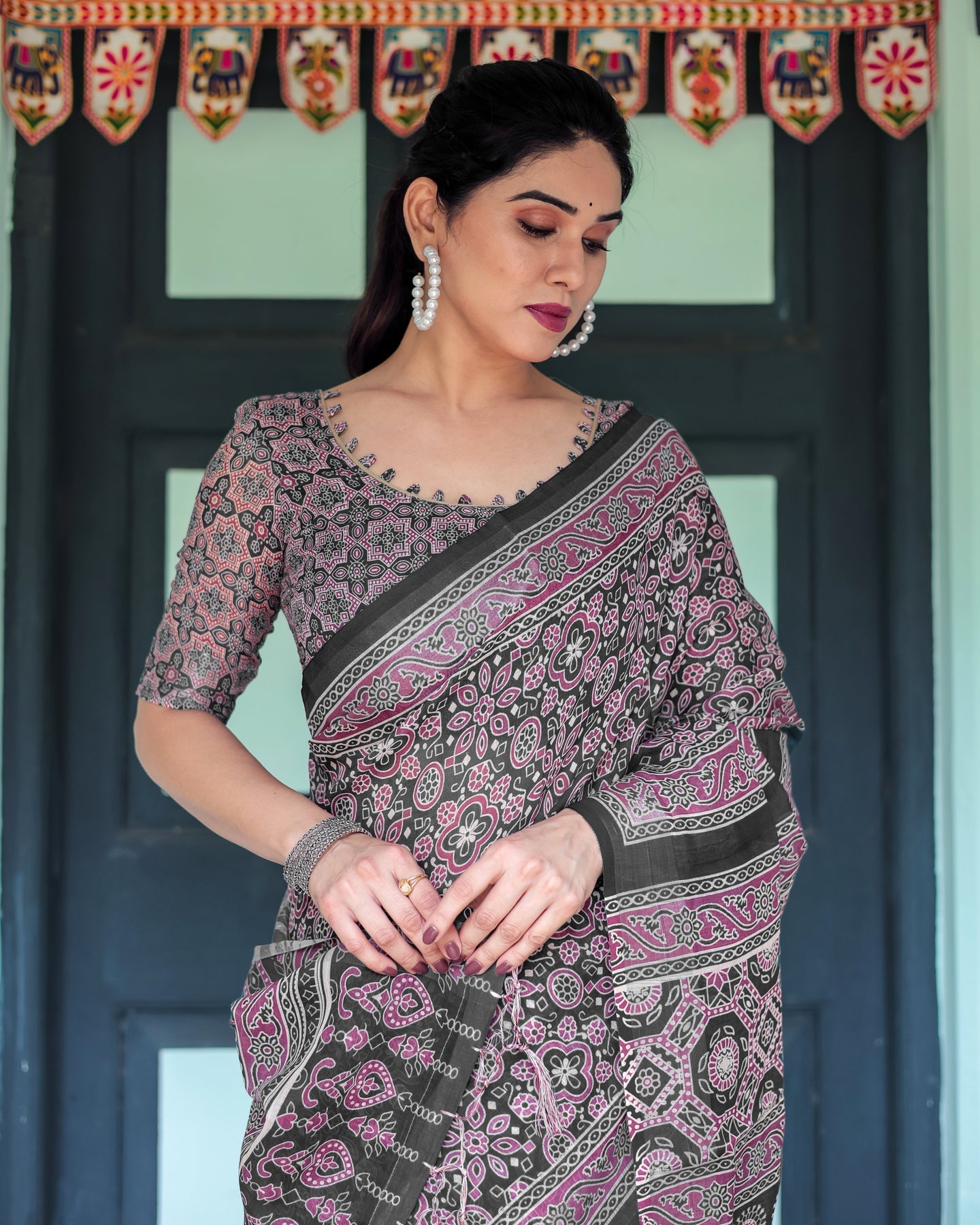 Black & Mauve Ajrakh Print Linen Saree | Shaadigruh SD1050