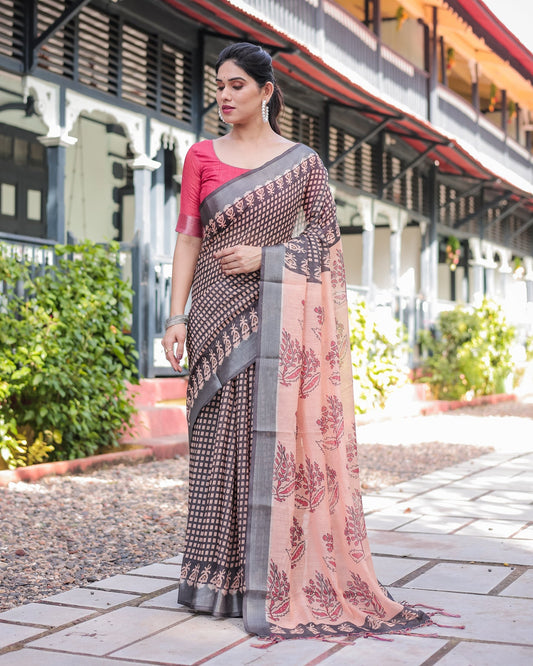 Grey Peach Printed Linen Saree | Shaadigruh SD1047