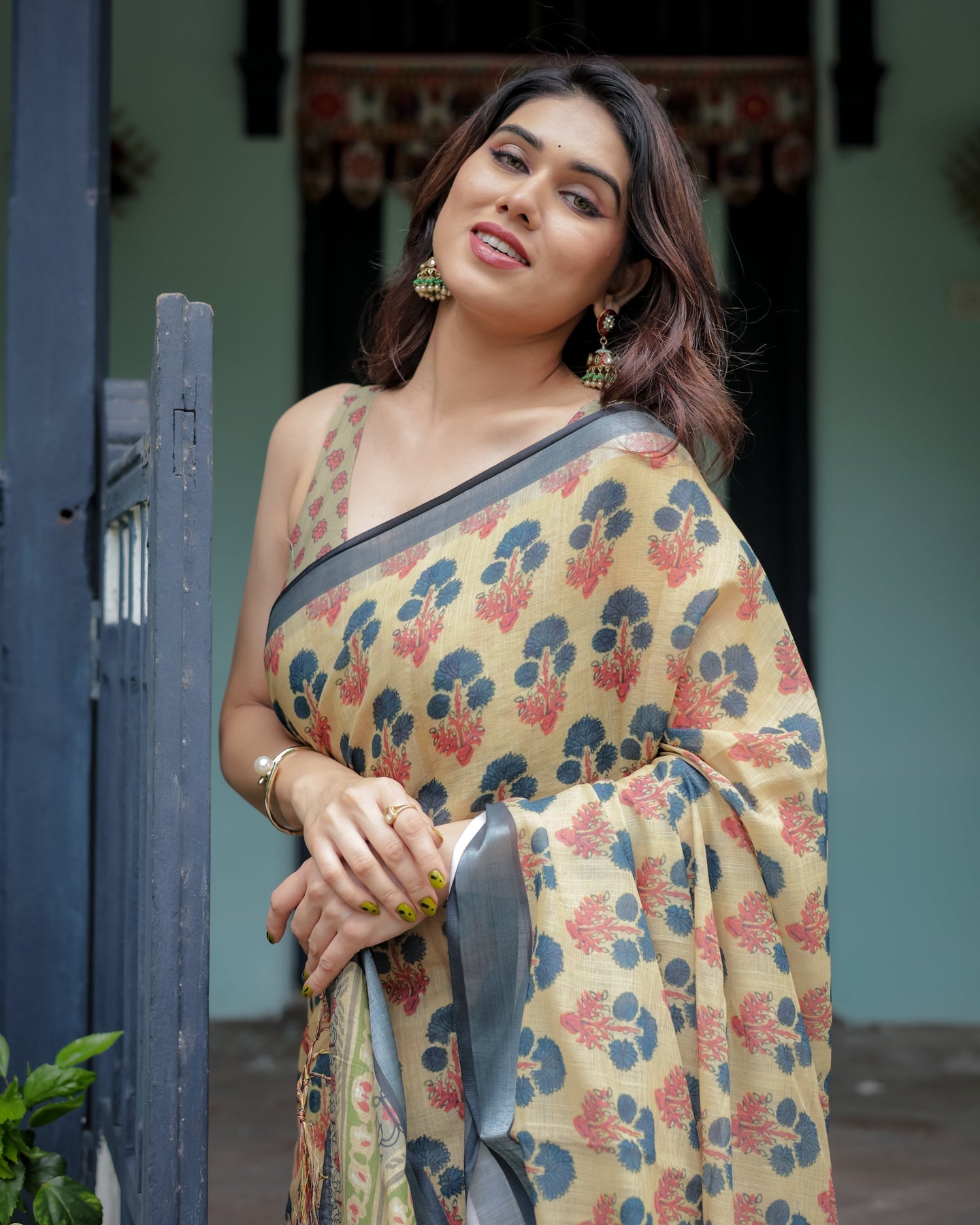 Luxury Mustard Yellow Floral Linen Saree | Shaadigruh SD1022