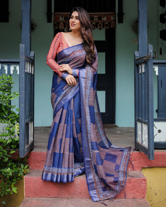 Luxury Indigo Blue Printed Linen Saree | Shaadigruh SD1030