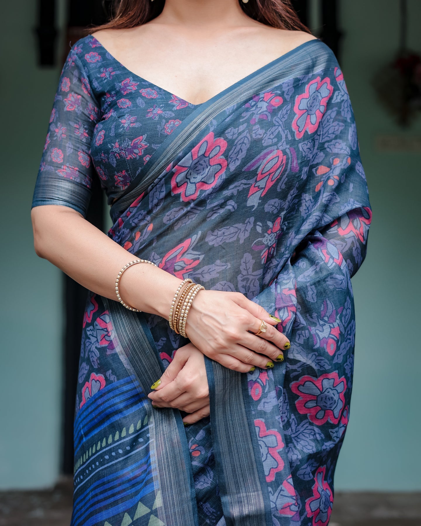 Luxury Deep Blue Floral Linen Saree | Shaadigruh SD1006