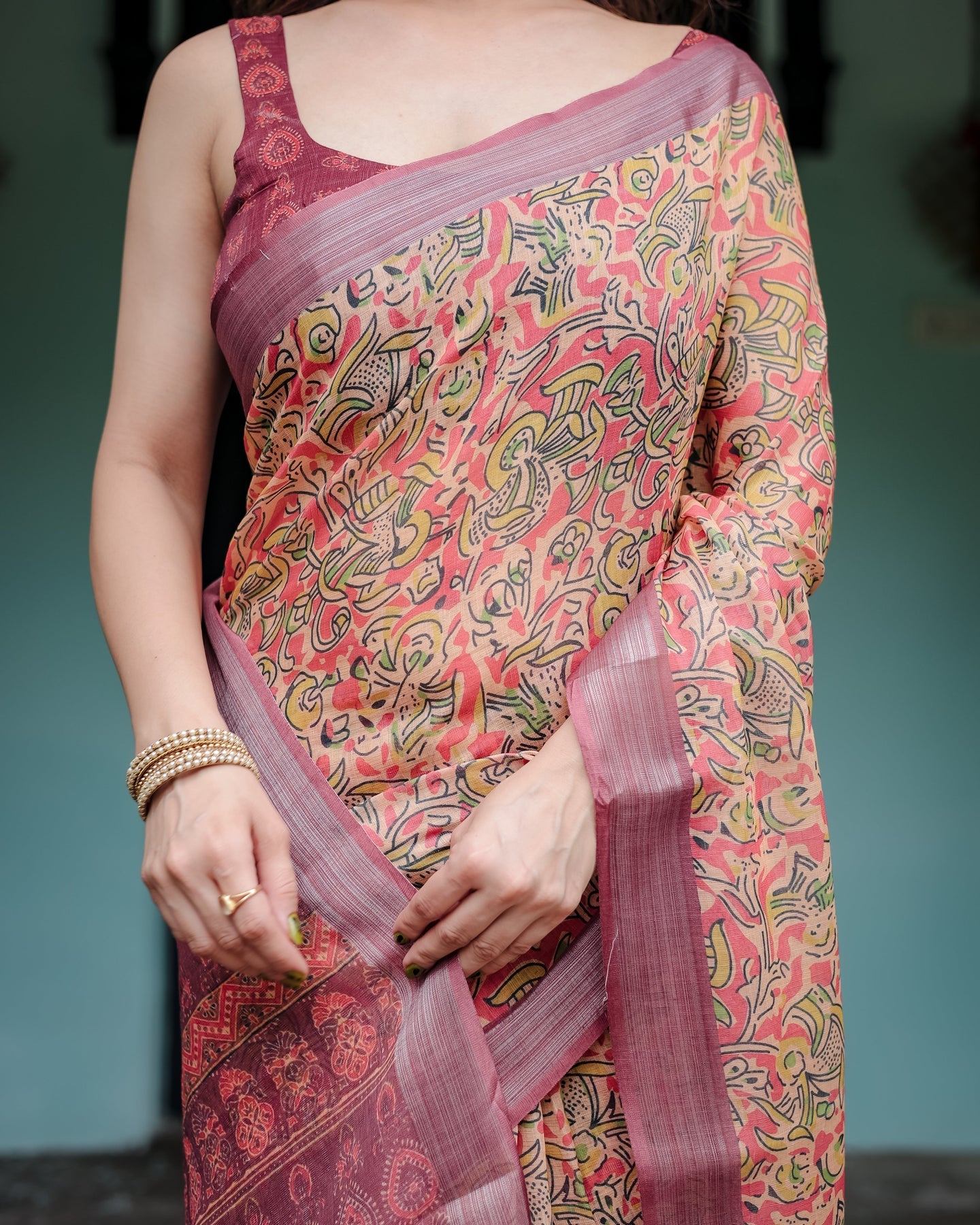 Luxury Warm Peach Floral Printed Linen Saree | Shaadigruh SD1019