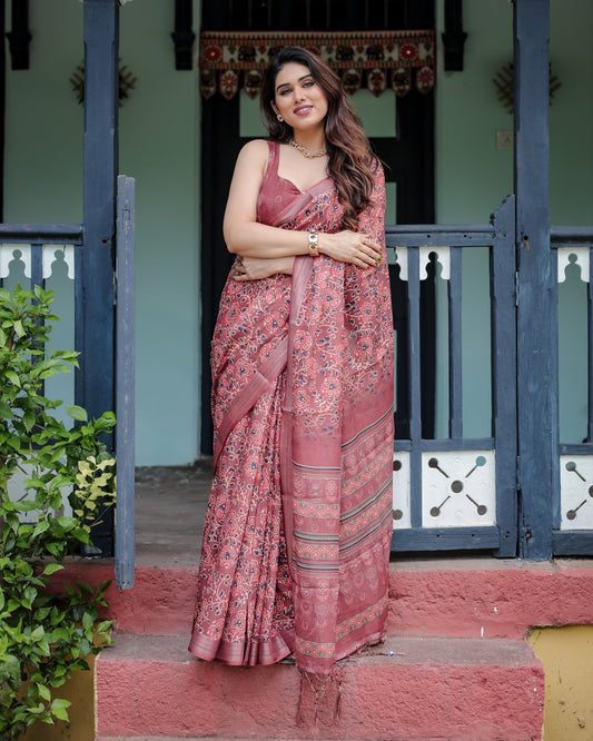Luxury Dusty Maroon Floral Printed Linen Saree | Shaadigruh SD1018