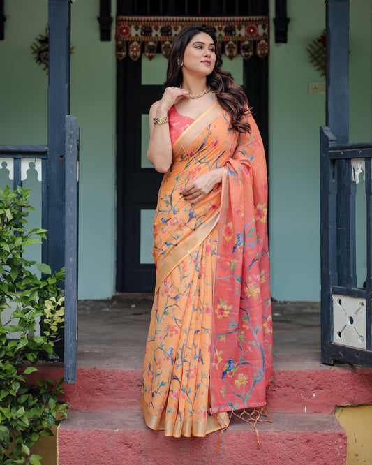 Luxury Peach Orange Floral Linen Saree | Shaadigruh SD1005