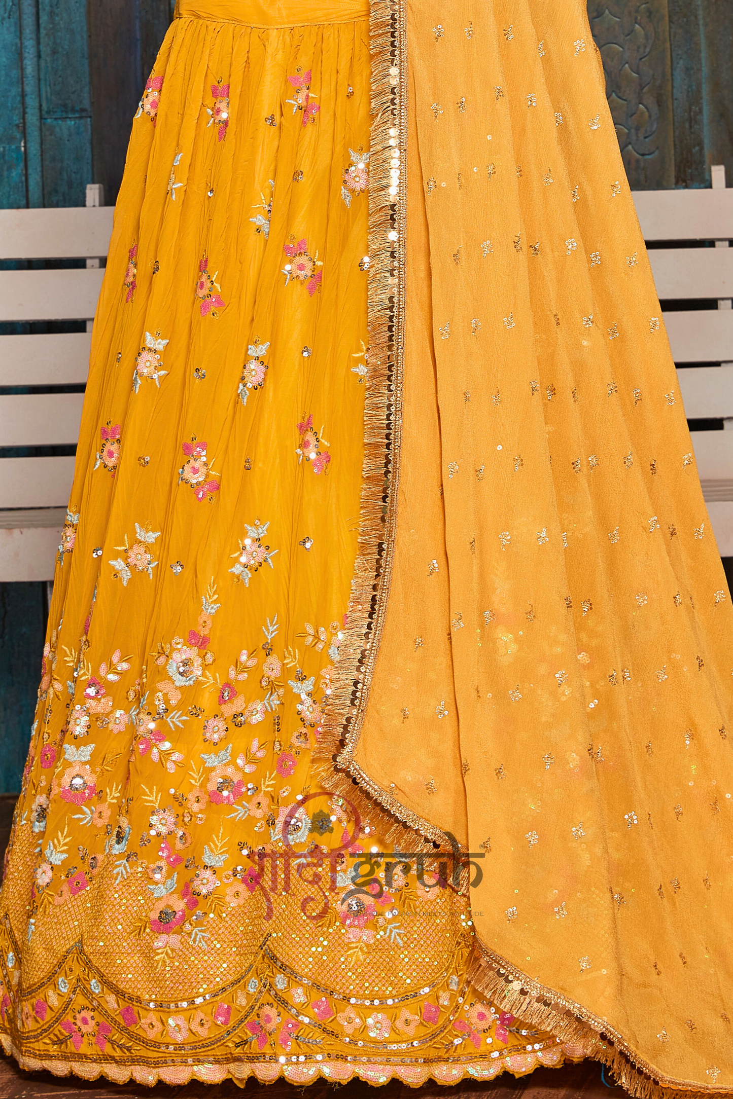 Mustard Yellow Floral Embroidered Lehenga Choli with Net Dupatta – Luxury Festive & Wedding Wear
