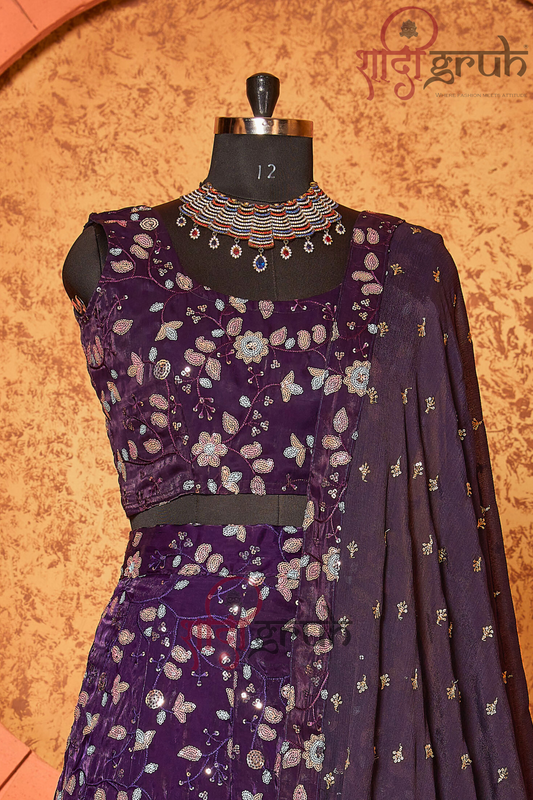Royal Purple Floral Embroidered Lehenga Choli with Dupatta – Luxury Wedding & Festive Wear