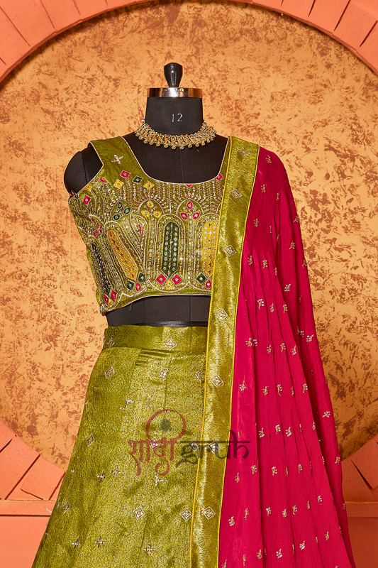Olive Green Embroidered Lehenga Choli with Rani Pink Dupatta – Luxury Wedding & Festive Wear