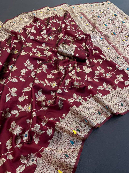 Flower and Mina zari weaving Banarasi Sarees