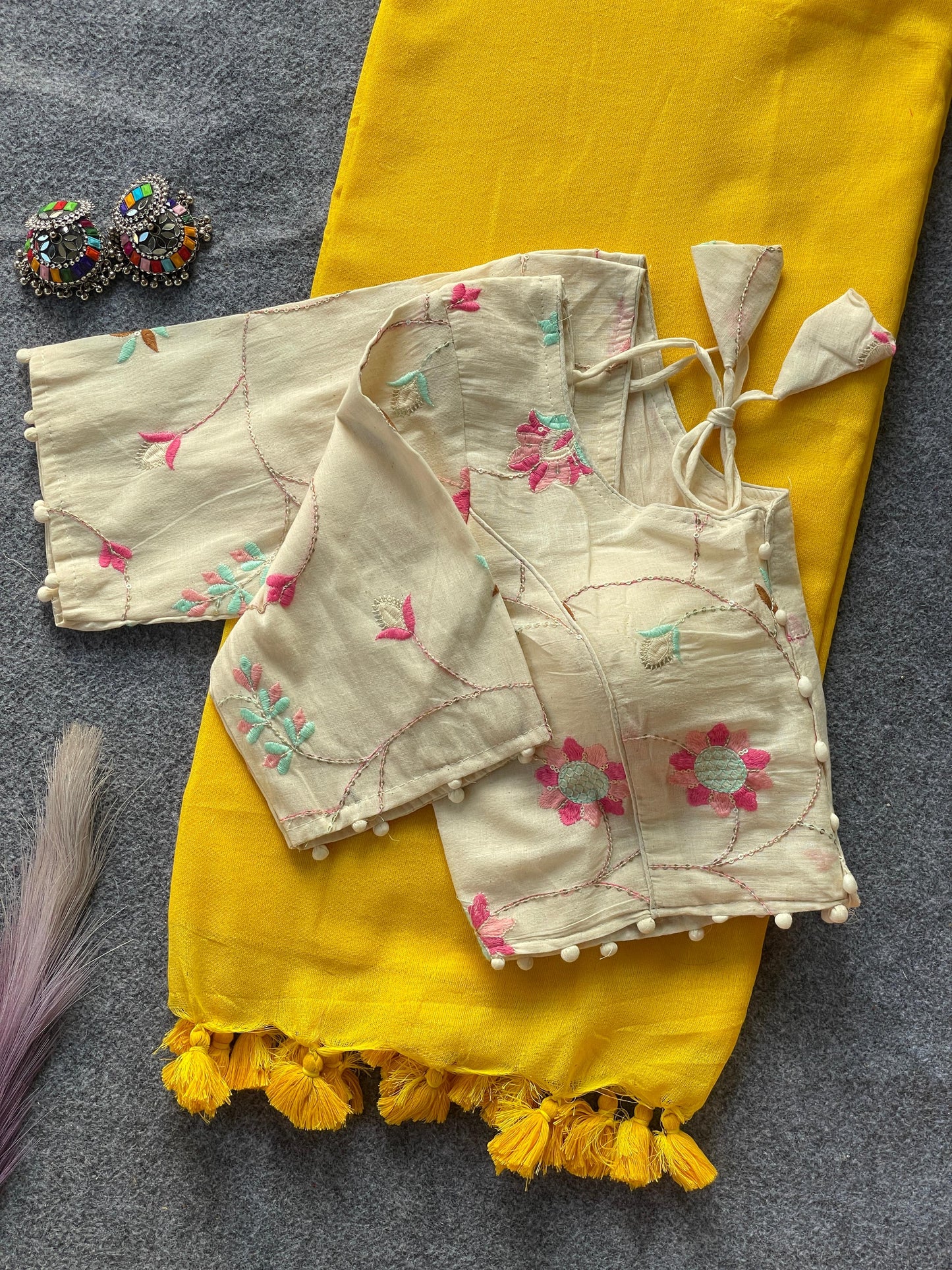 Pure Khadi Cotton Yellow Saree With Designer Blouse