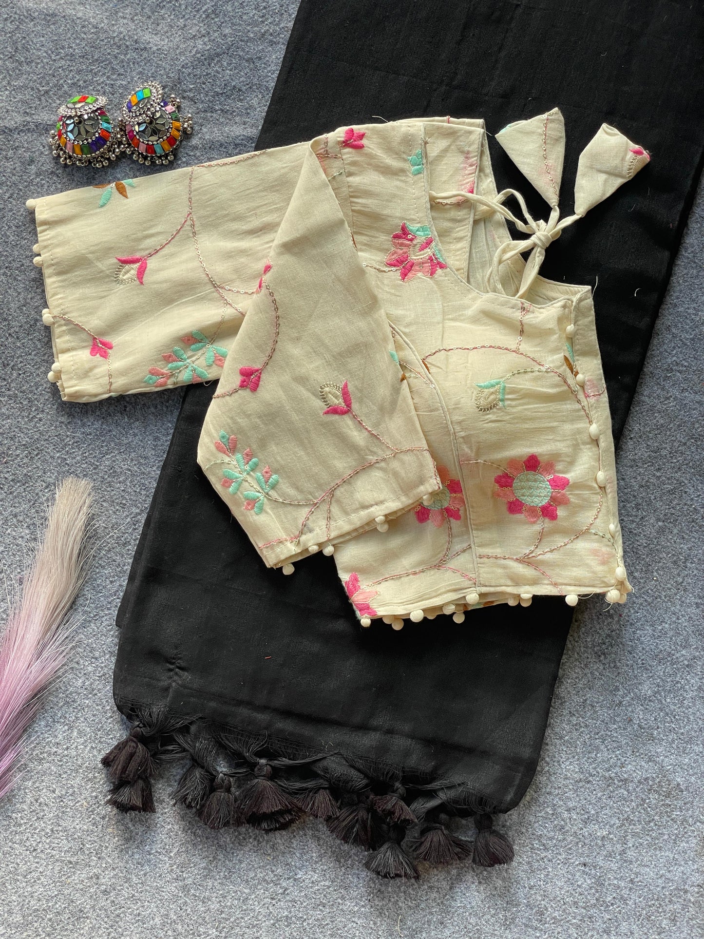 Pure Khadi Cotton Black Saree With Designer Blouse