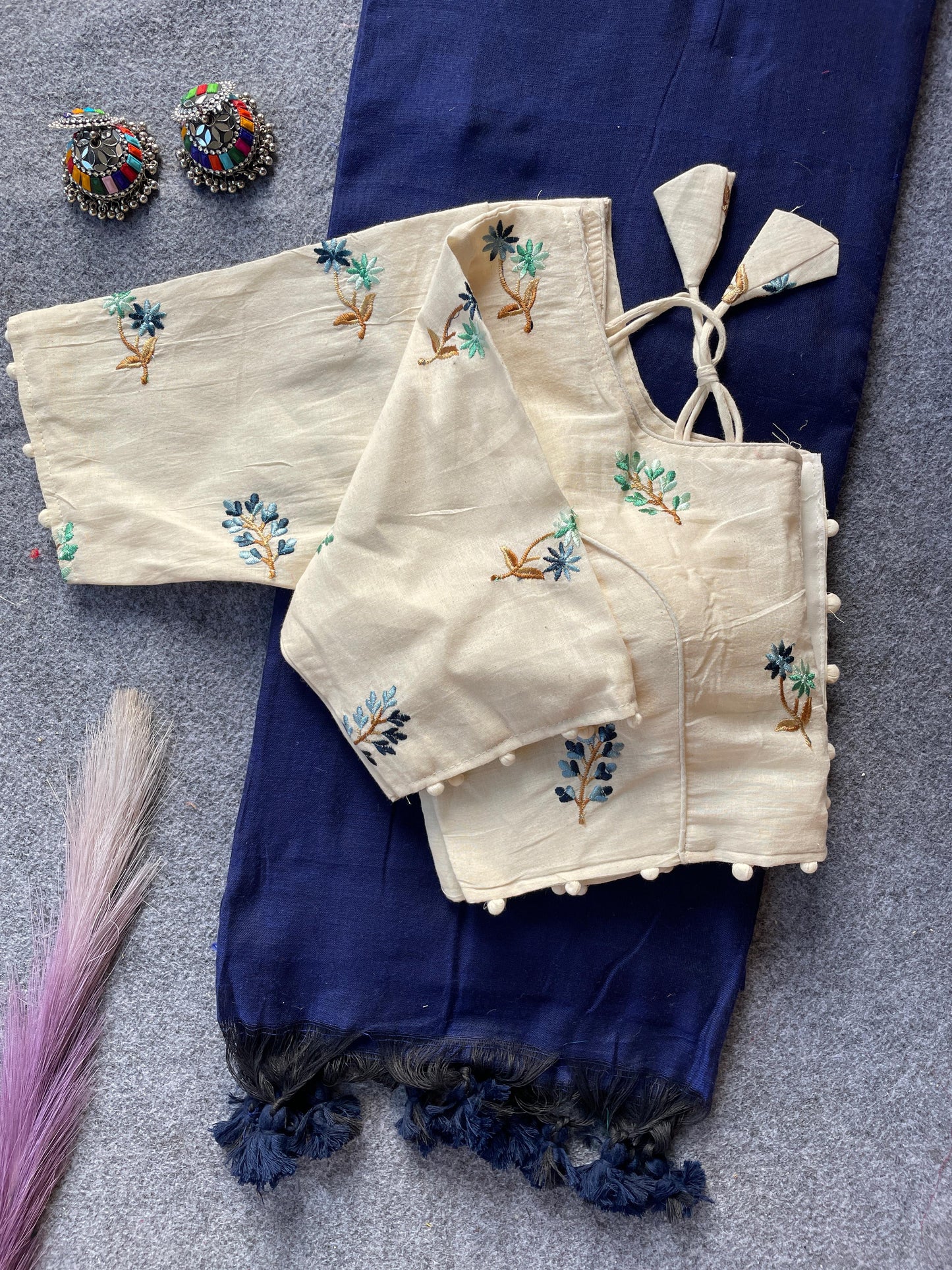 Pure Khadi Cotton Blue Saree With Designer Blouse