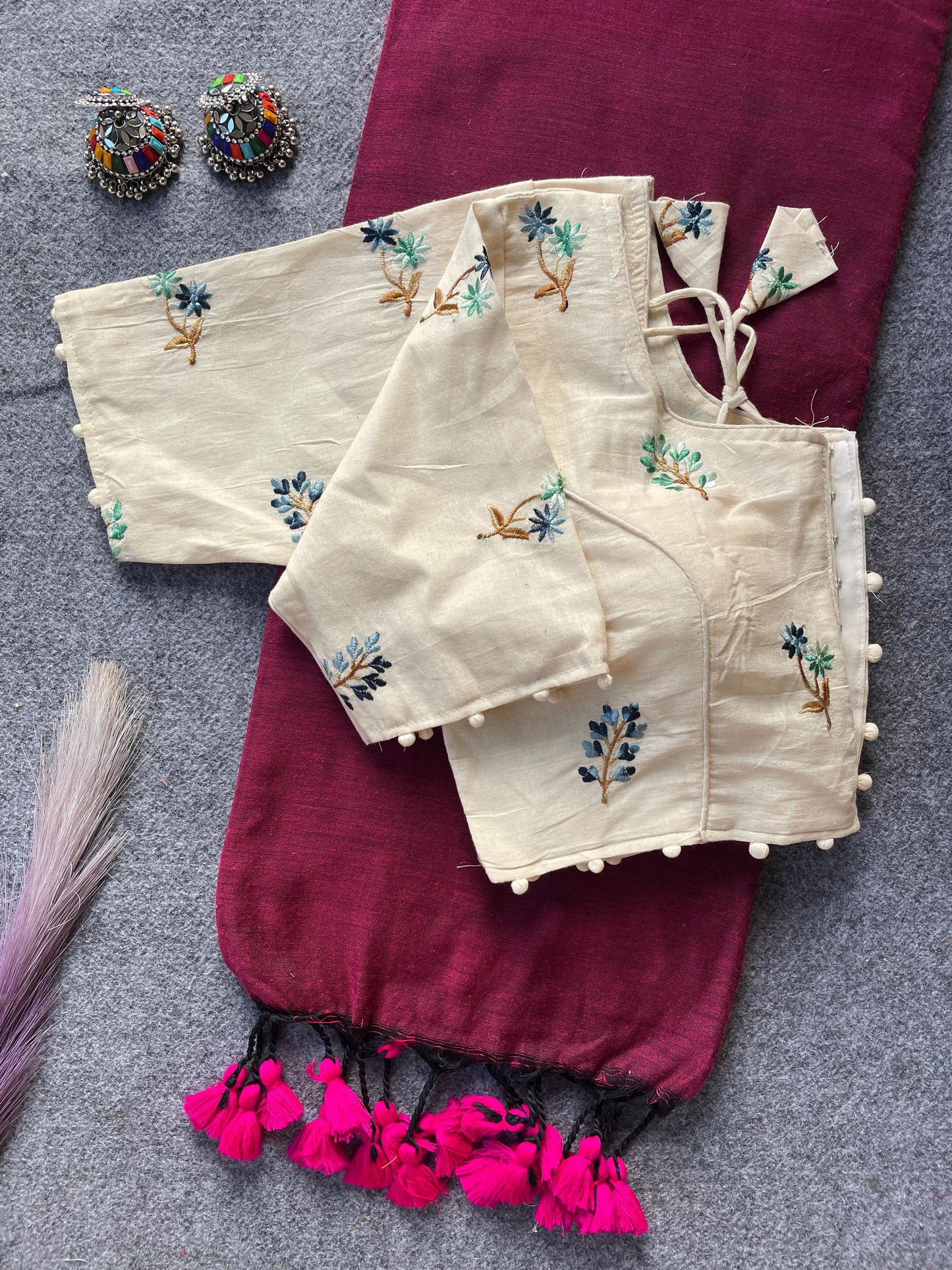 Pure Khadi Cotton Maroon Saree With Designer Blouse