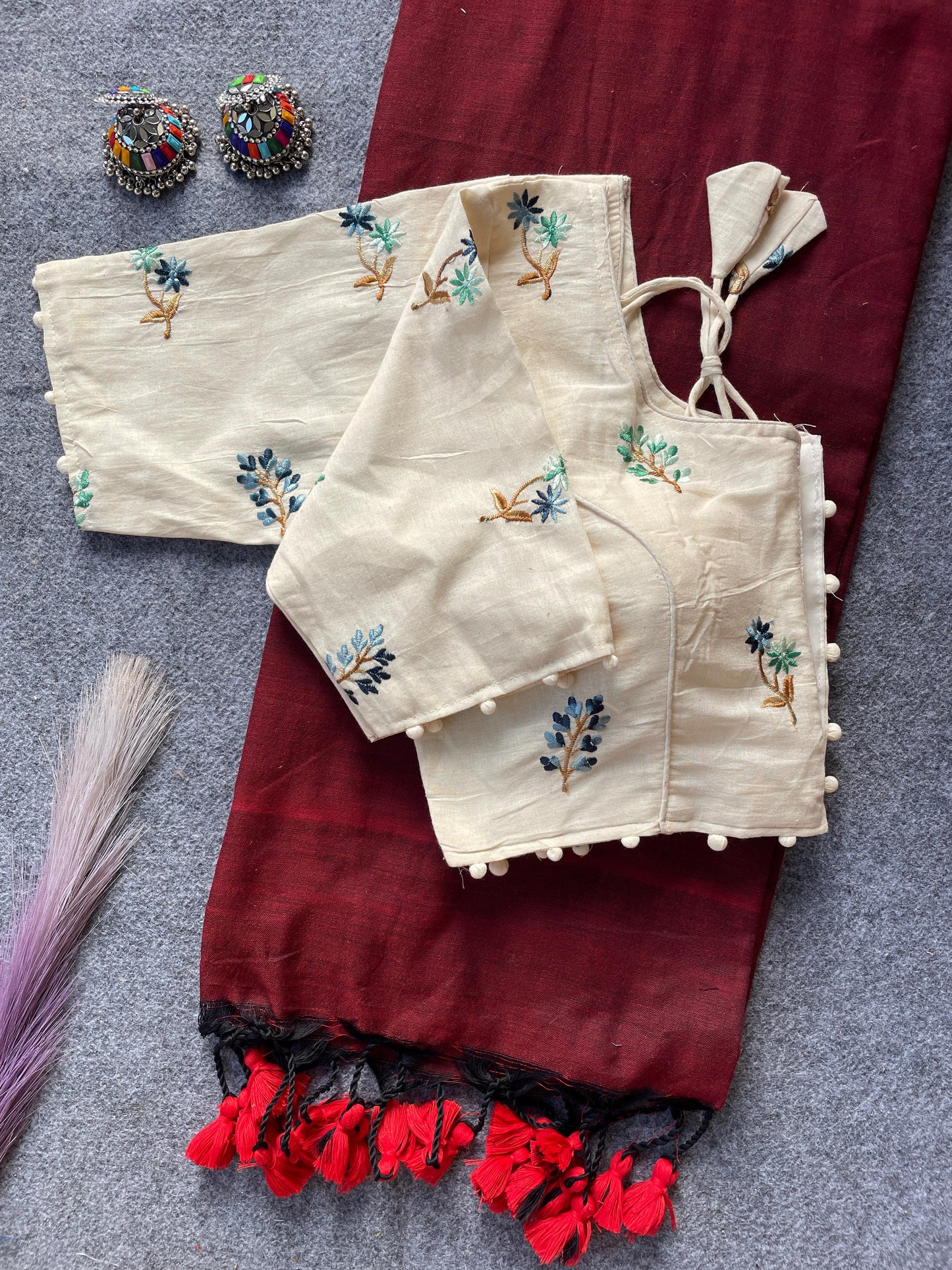 Pure Khadi Cotton Maroon Saree With Designer Blouse