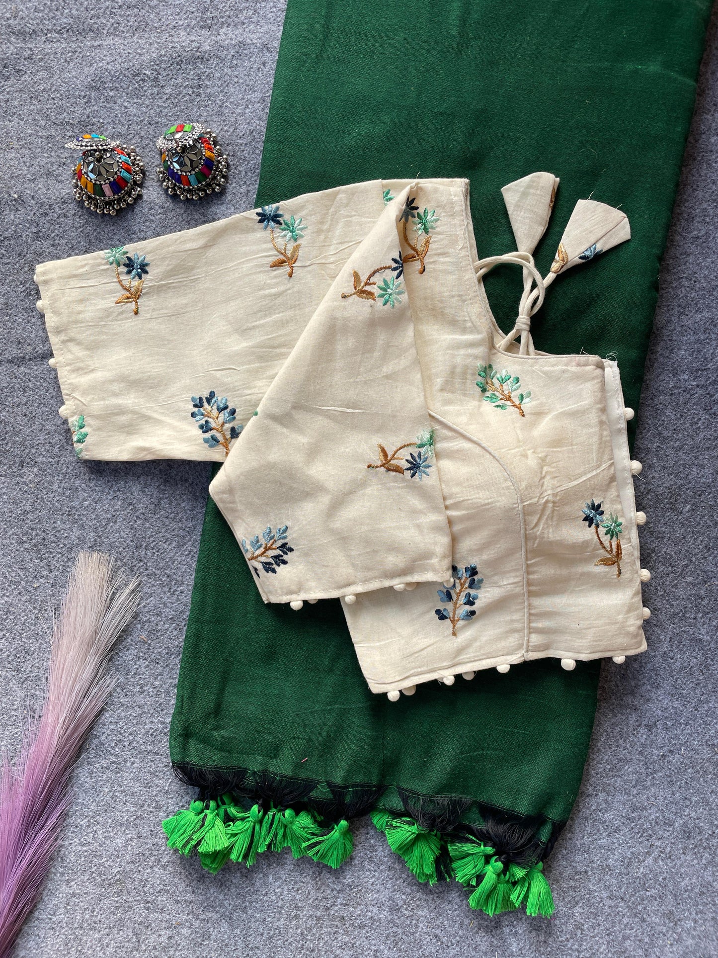 Pure Khadi Cotton Green Saree With Designer Blouse