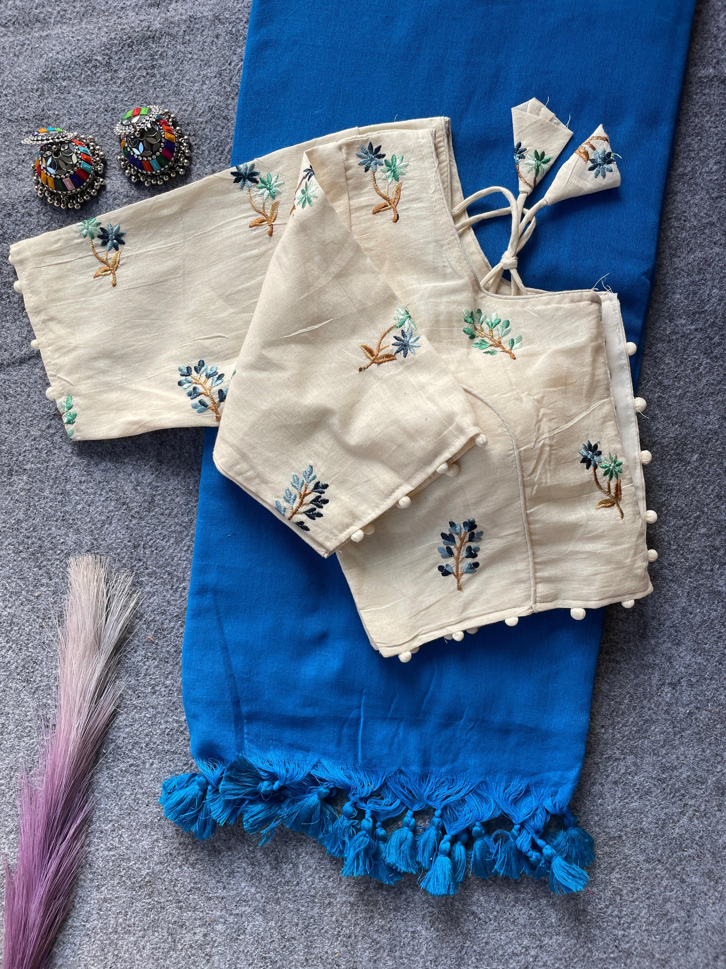 Pure Khadi Cotton Skyblue Saree With Designer Blouse