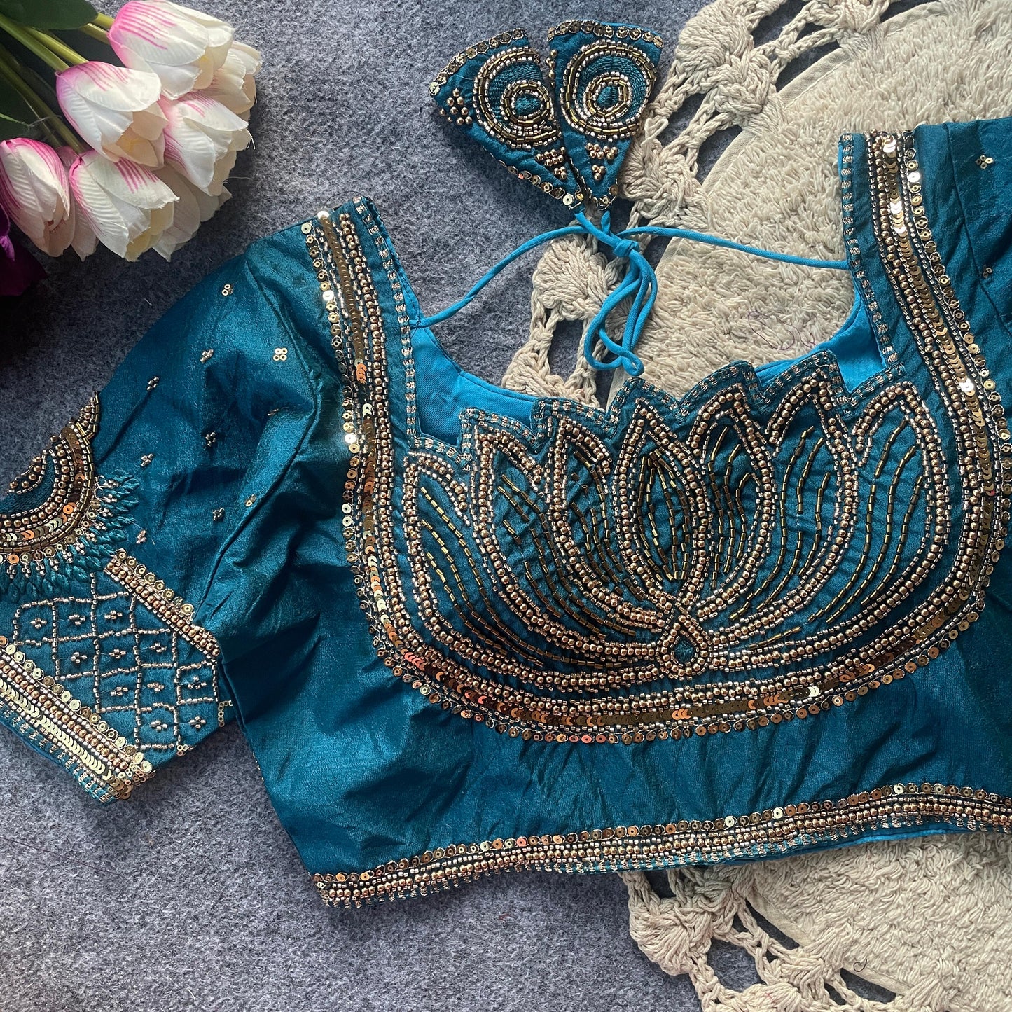 Blue Original bits Heavy Handwork + Sequence & Codding khatli work Blouse