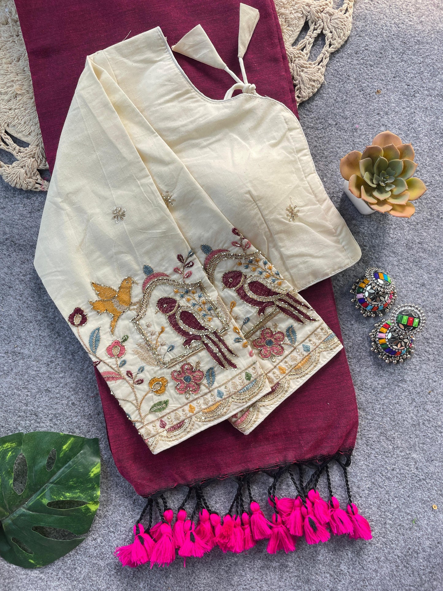 Pure Khadi Cotton Wine Saree With Designer Blouse