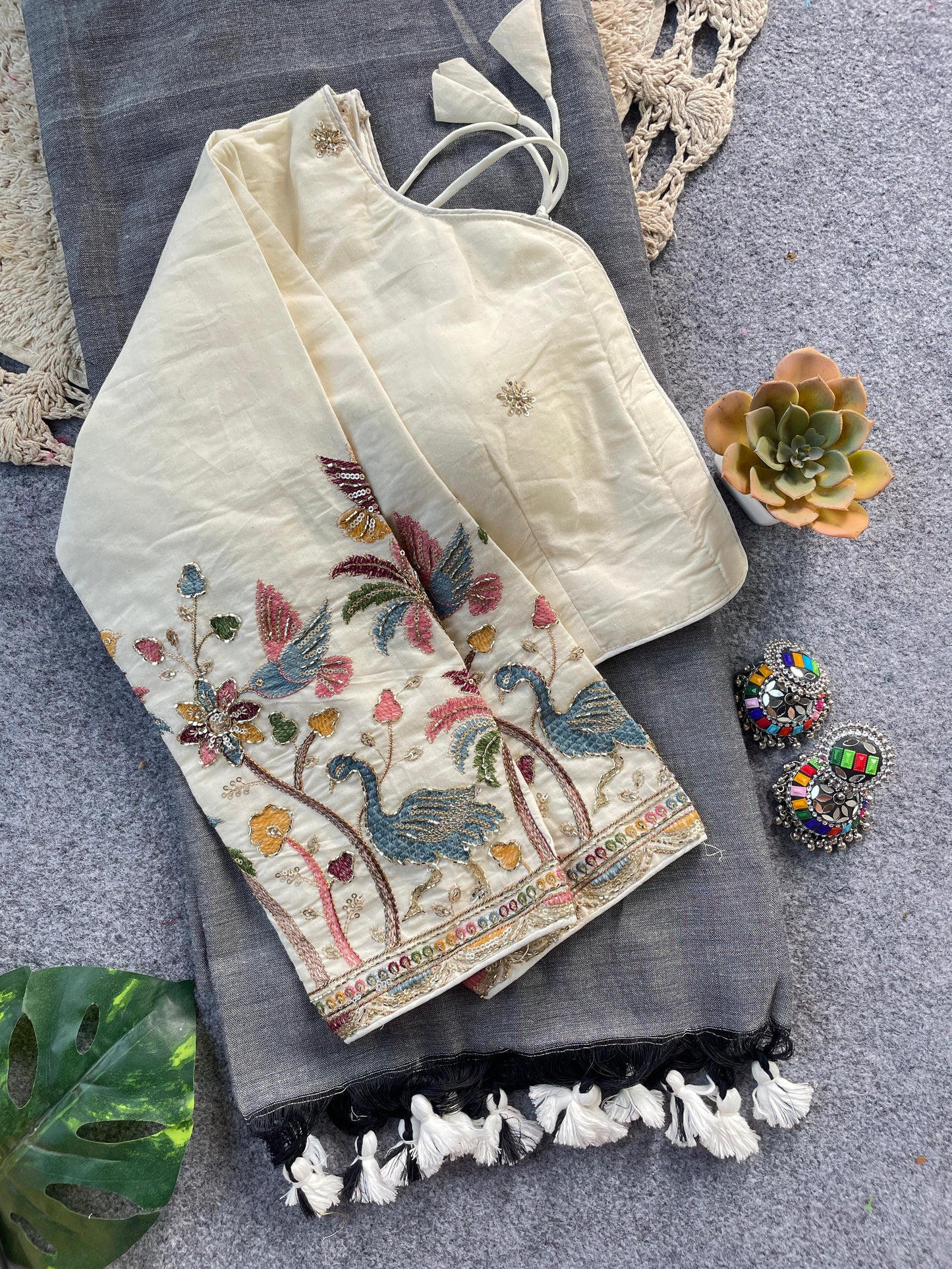 Pure Khadi Cotton Grey Saree With Designer Blouse