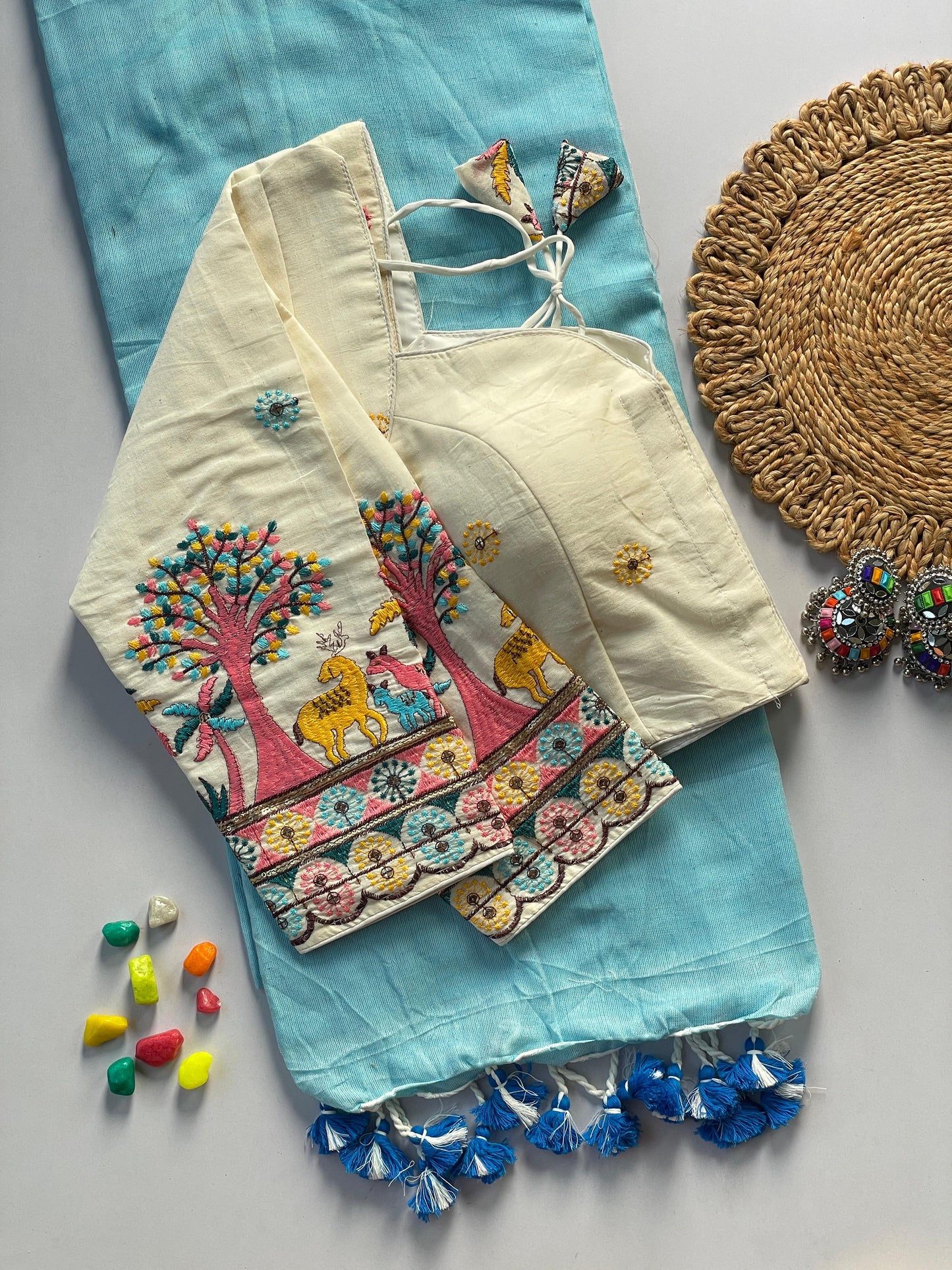 Pure Khadi Cotton Skyblue Saree With Designer Blouse