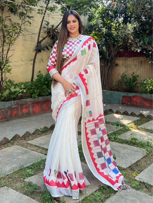Elegant Off-White Linen Saree | Shaadigruh SD1035