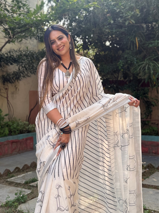 Luxury Off-White Striped Linen Saree | Shaadigruh SD1031