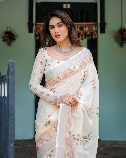 Elegant Floral Printed Linen Saree with Soft Border | Shaadigruh SD1001