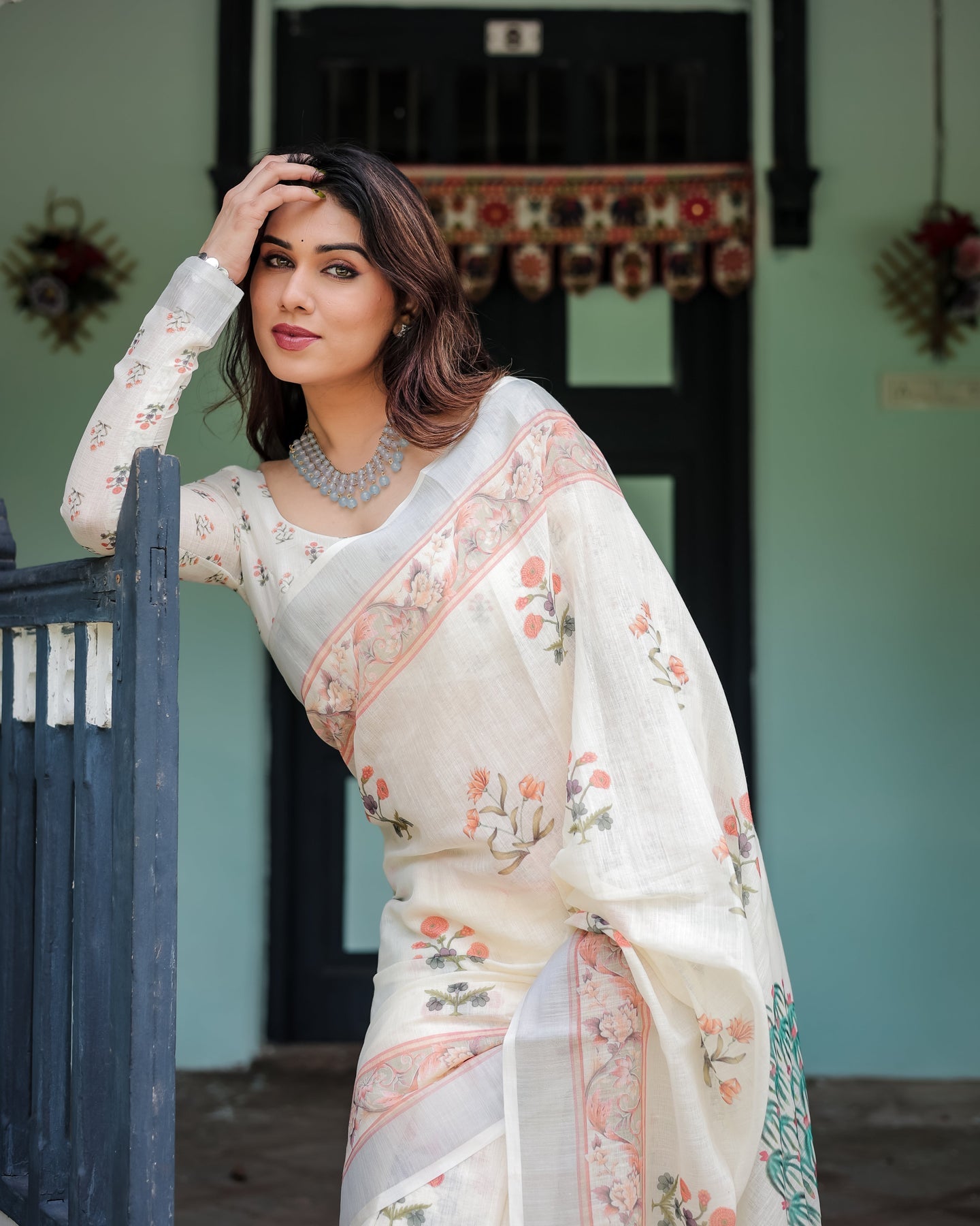 Elegant Floral Printed Linen Saree with Soft Border | Shaadigruh SD1001