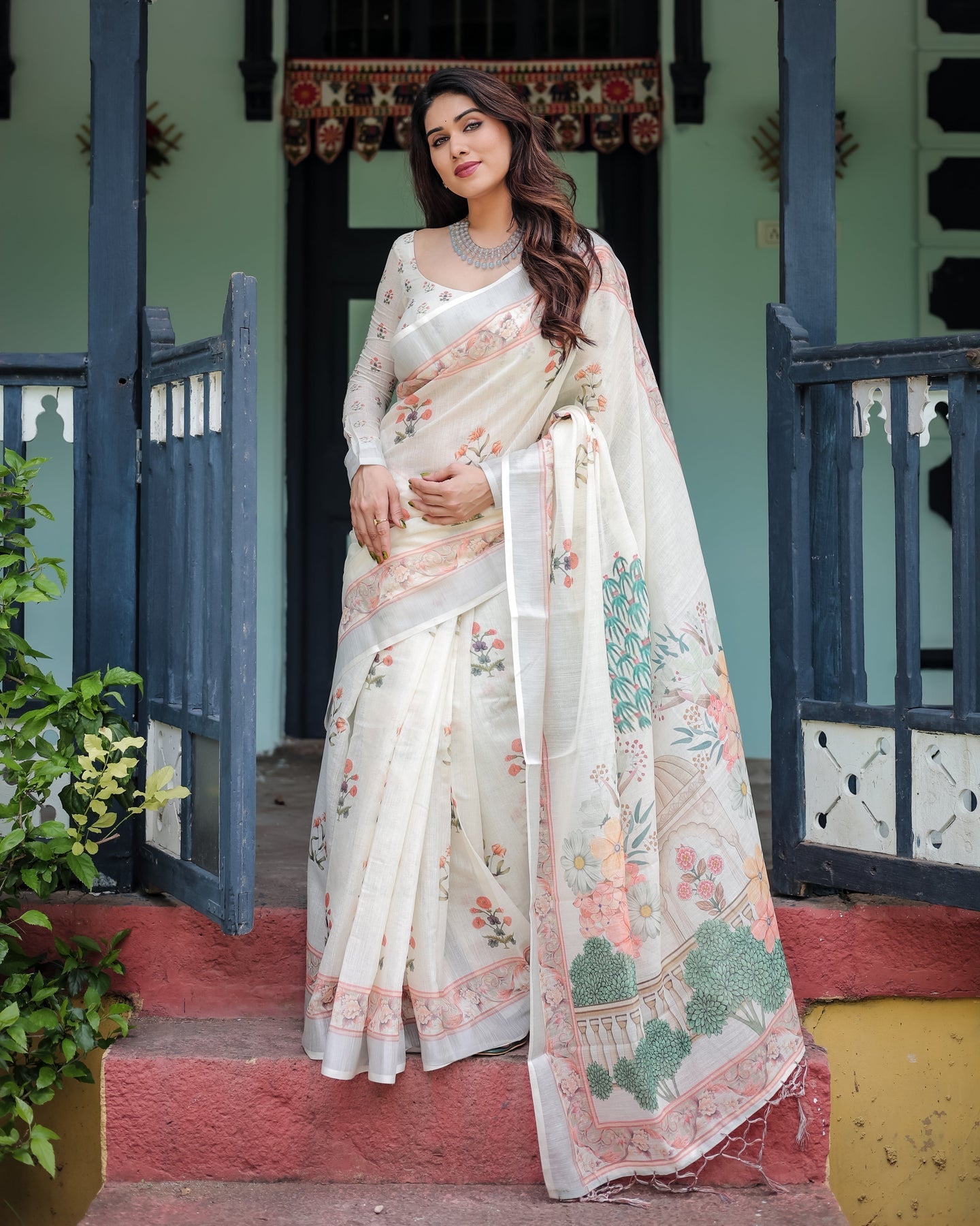 Elegant Floral Printed Linen Saree with Soft Border | Shaadigruh SD1001