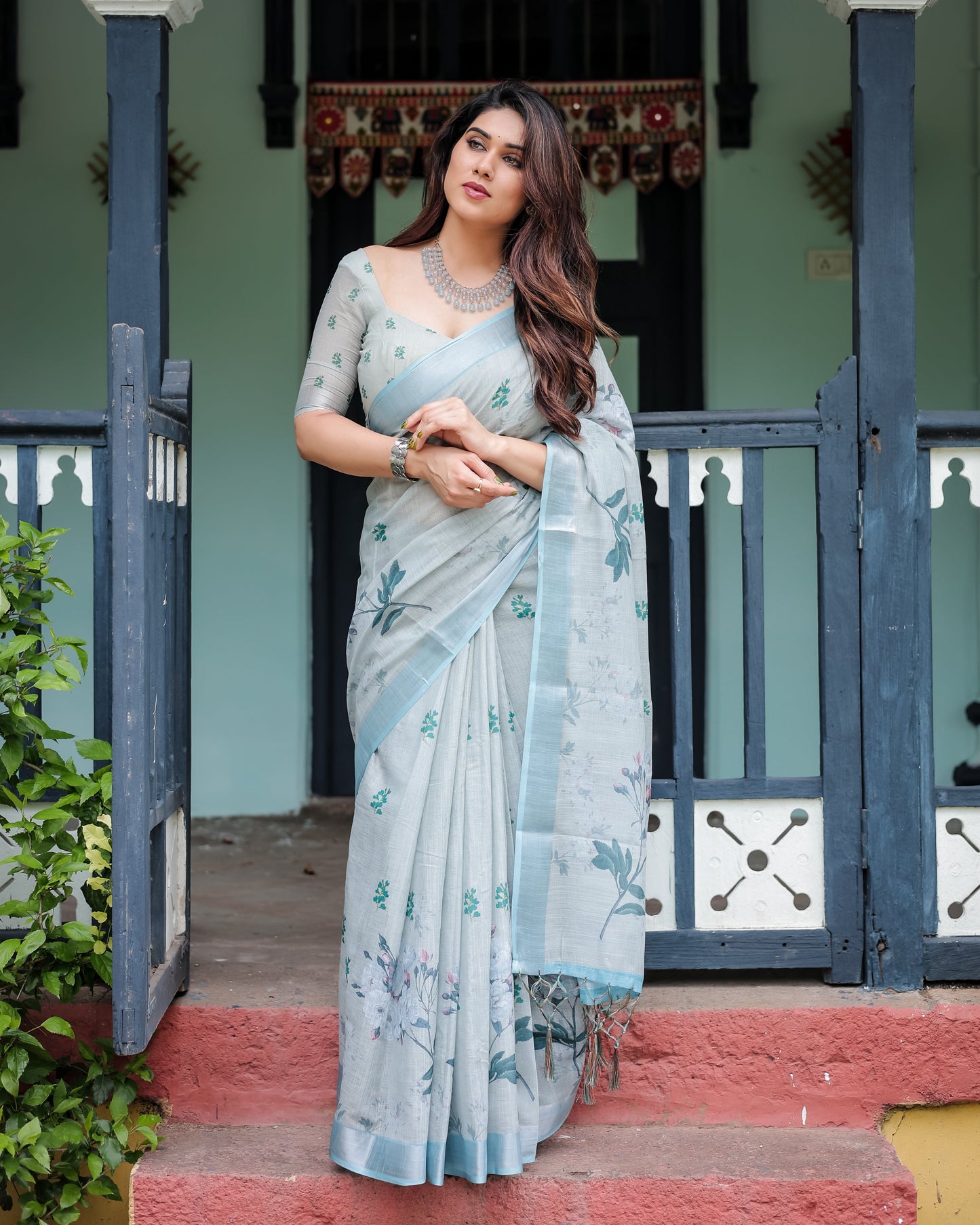 Luxury Pastel Grey Blue Floral Linen Saree | Shaadigruh SD1007