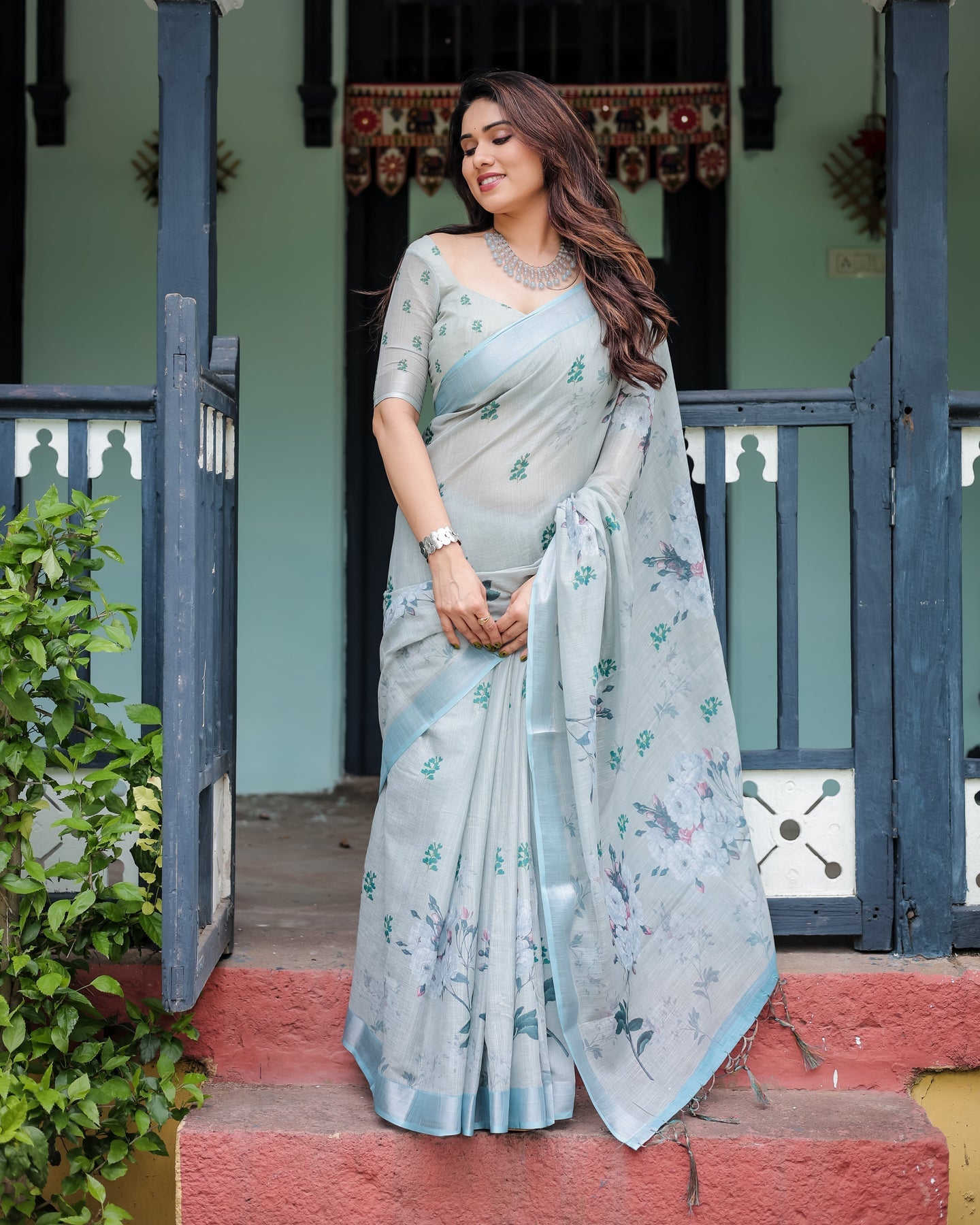 Luxury Pastel Grey Blue Floral Linen Saree | Shaadigruh SD1007