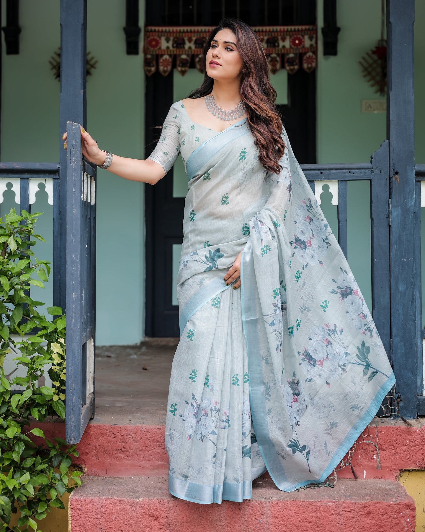 Luxury Pastel Grey Blue Floral Linen Saree | Shaadigruh SD1007