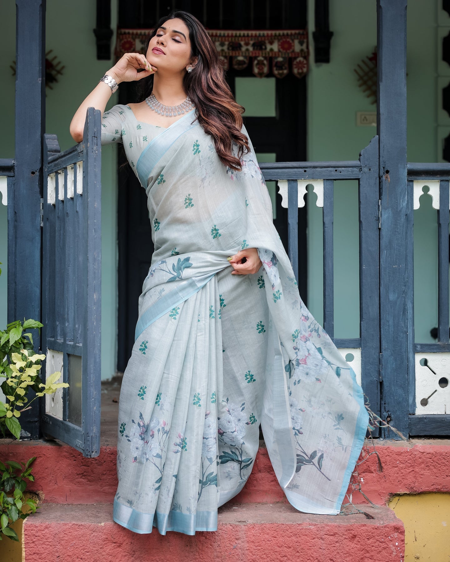 Luxury Pastel Grey Blue Floral Linen Saree | Shaadigruh SD1007