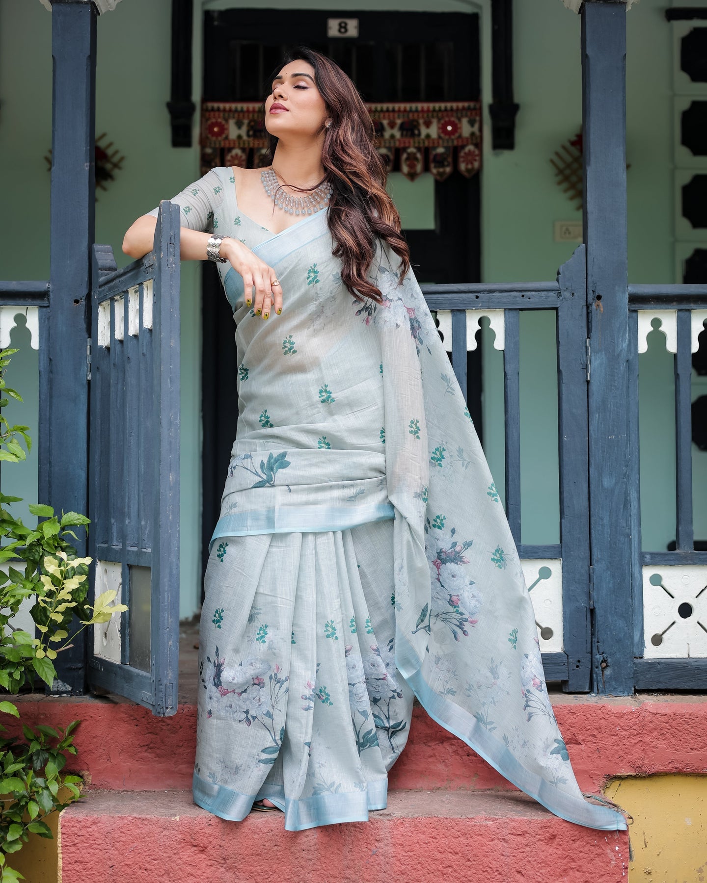 Luxury Pastel Grey Blue Floral Linen Saree | Shaadigruh SD1007