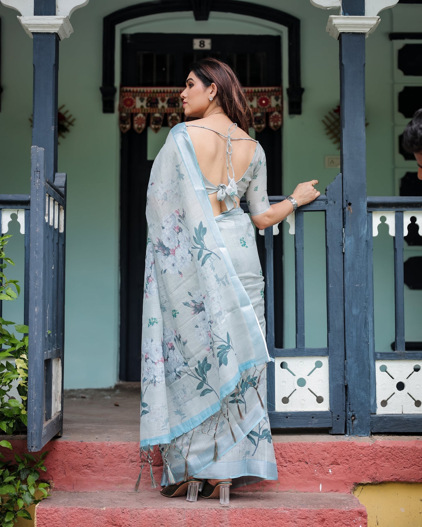 Luxury Pastel Grey Blue Floral Linen Saree | Shaadigruh SD1007