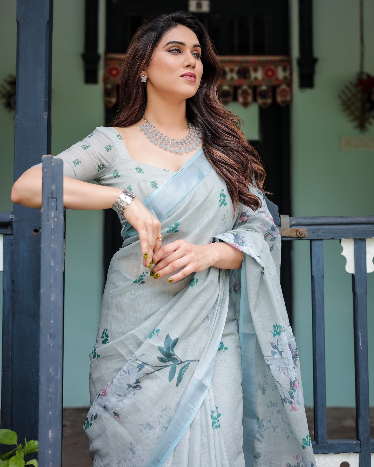 Luxury Pastel Grey Blue Floral Linen Saree | Shaadigruh SD1007