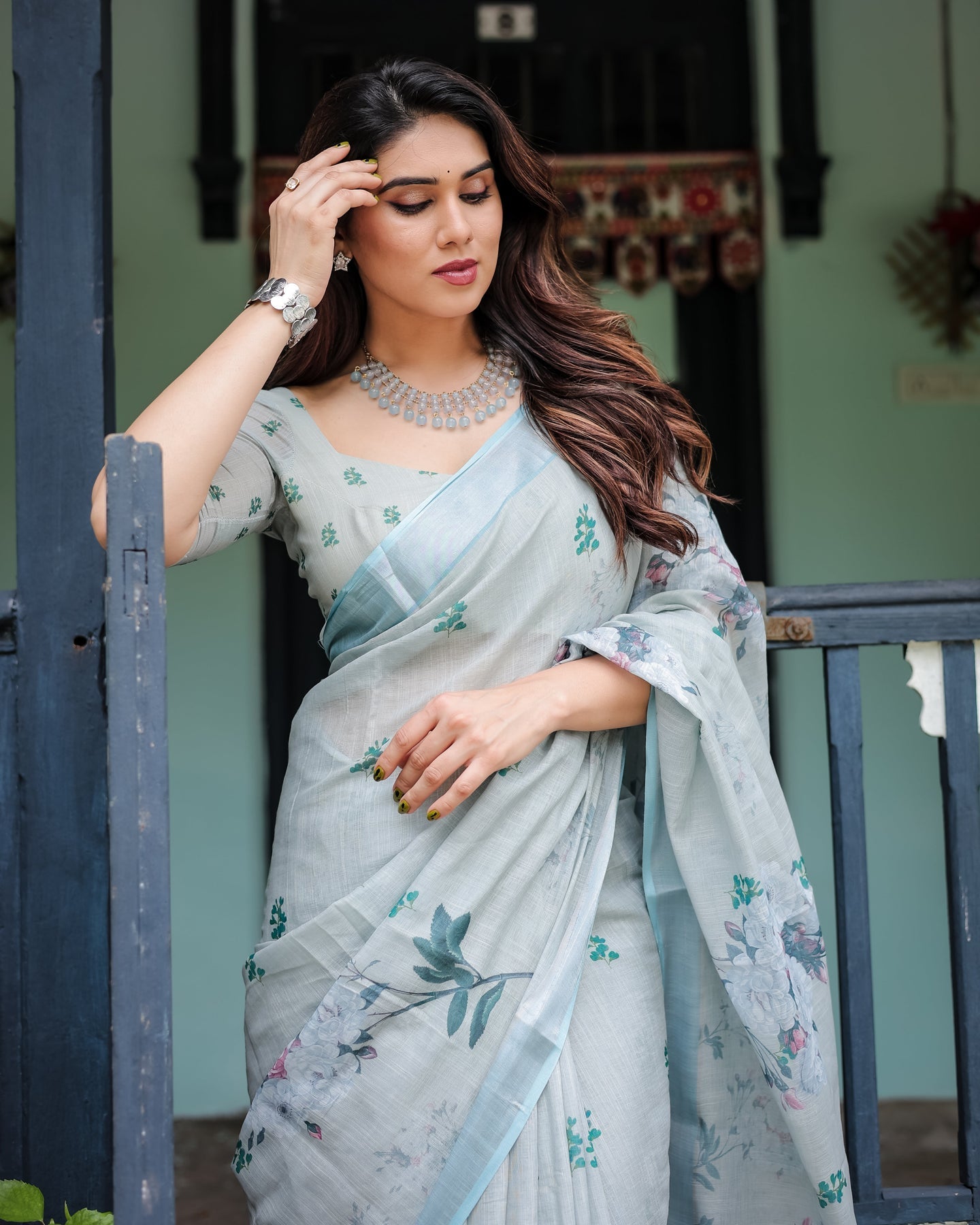 Luxury Pastel Grey Blue Floral Linen Saree | Shaadigruh SD1007