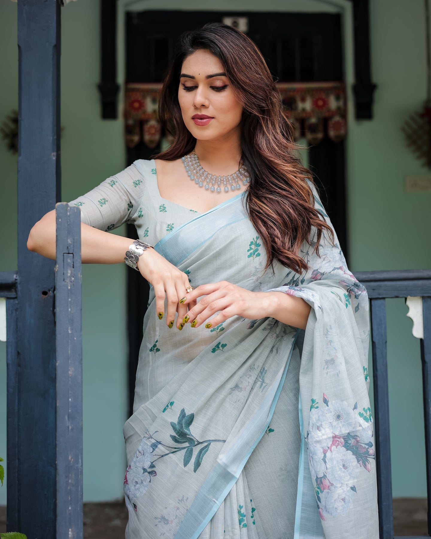 Luxury Pastel Grey Blue Floral Linen Saree | Shaadigruh SD1007